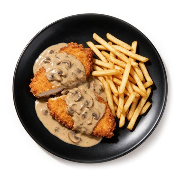 Pouletschnitzel Pilzrahmsauce Pommes Frites